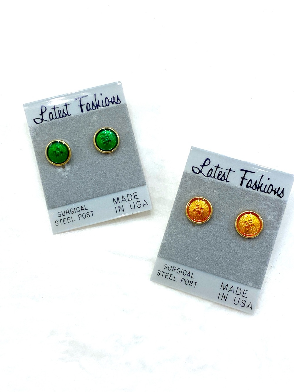 NWT Vintage Glitter Button Stud Earrings Set | Green Orange Cabochon